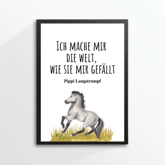 Pippi Langstrumpf Quote Gray Horse Watercolor German Kids Room Art Poster