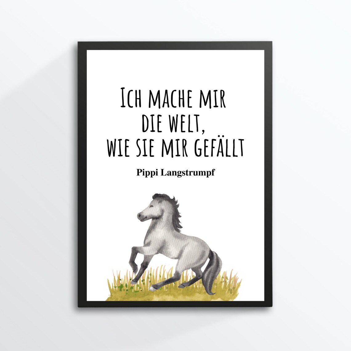 Pippi Langstrumpf Quote Gray Horse Watercolor German Kids Room Art Poster