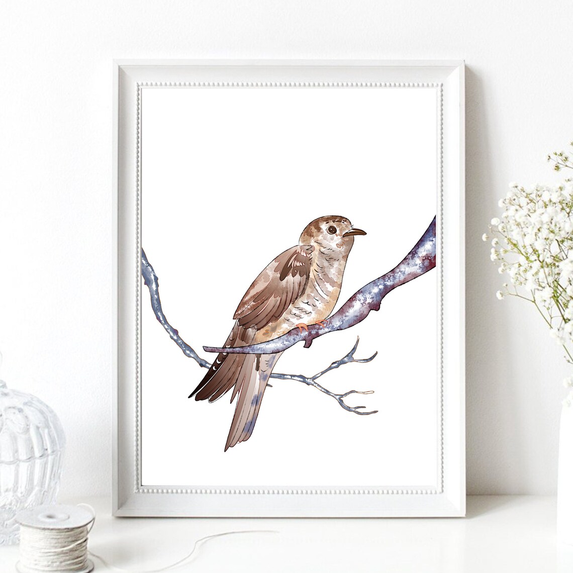 Brown Cuckoo Bird Perched on Branch Watercolor Nature Art Print - Image 2