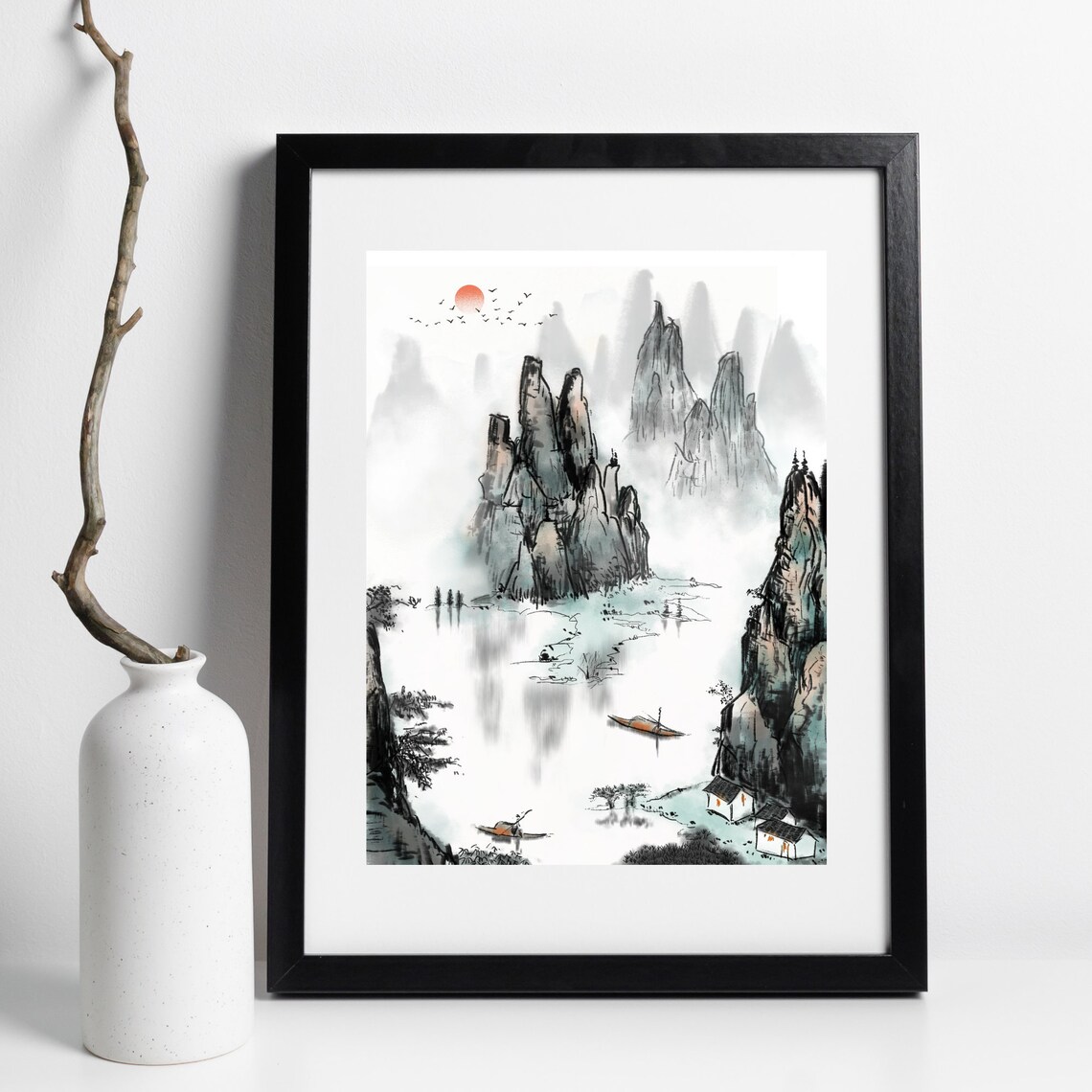 Asian Ink Landscape Red Sun Misty Karst Peaks Boat Watercolor Print Poster - Image 2