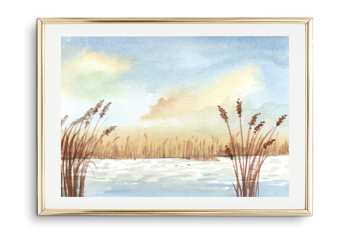 Watercolor Lake With Reeds Golden Sunset Calm Nature Art Print Poster - Image 2