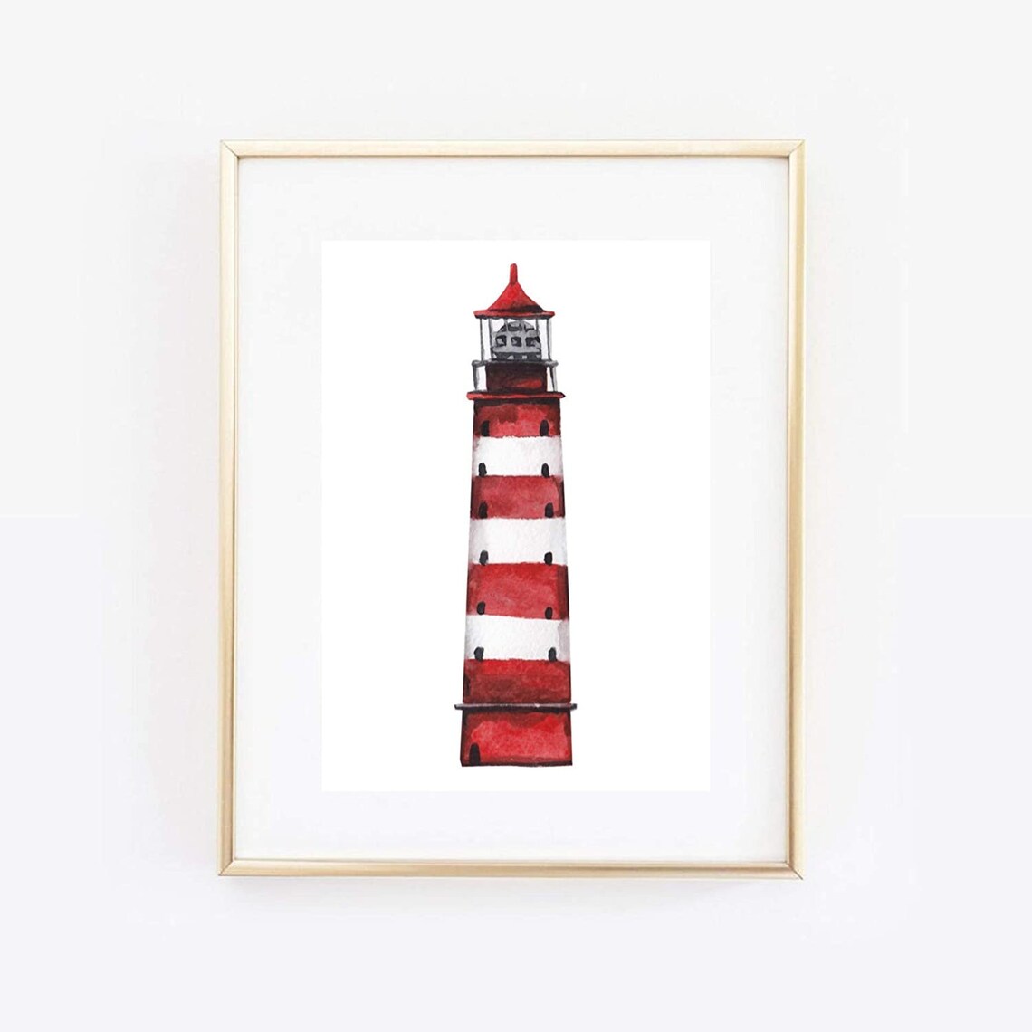 Red White Striped Lighthouse Watercolor Coastal Nautical Wall Art Poster