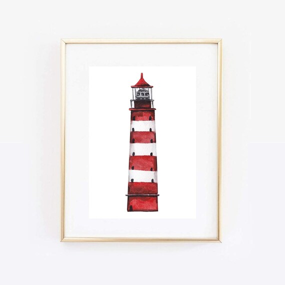 Red White Striped Lighthouse Watercolor Coastal Nautical Wall Art Poster