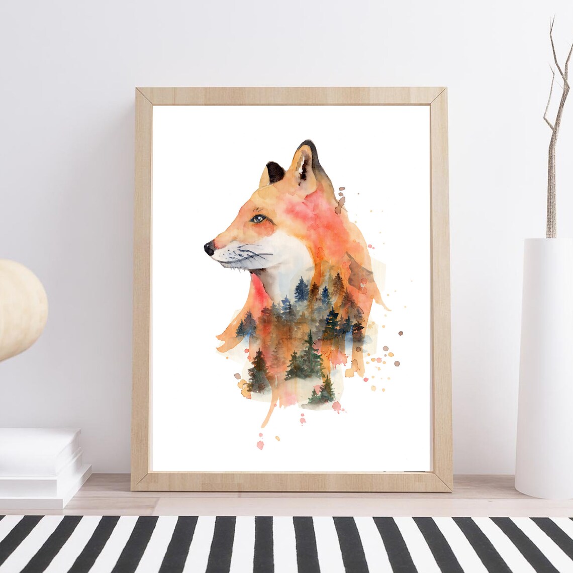 Fox Head Forest Double Exposure Watercolor Woodland Animal Art Poster