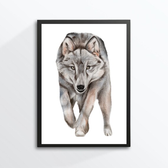 Grey Wolf Front View Watercolor Full Body Forest Animal Art Poster