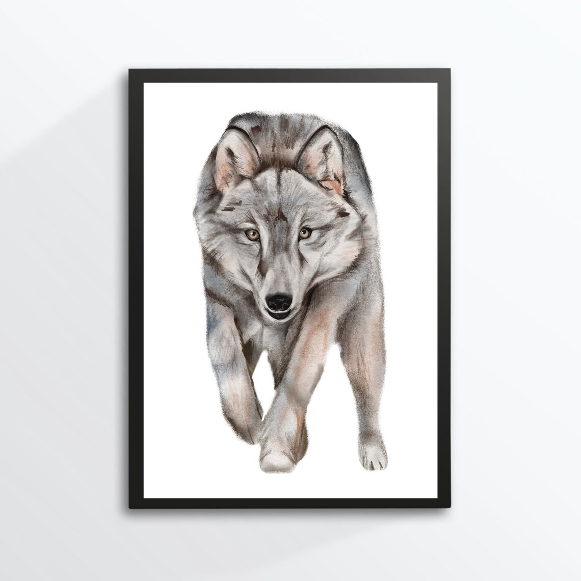 Grey Wolf Front View Watercolor Full Body Forest Animal Art Poster