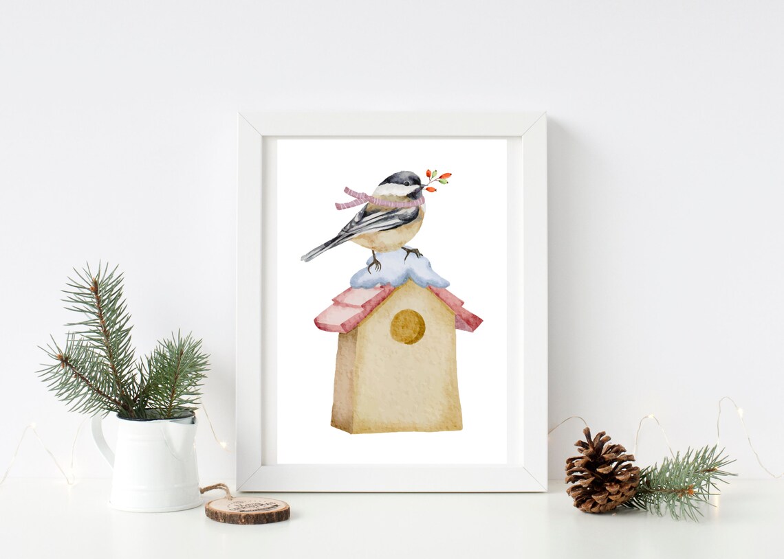 Winter Bird on Snowy Birdhouse Watercolor Christmas Wall Art