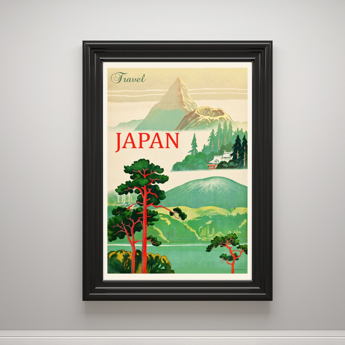 Japan Vintage Travel Poster Red Pine Trees Temple Mountain Lake - Image 3