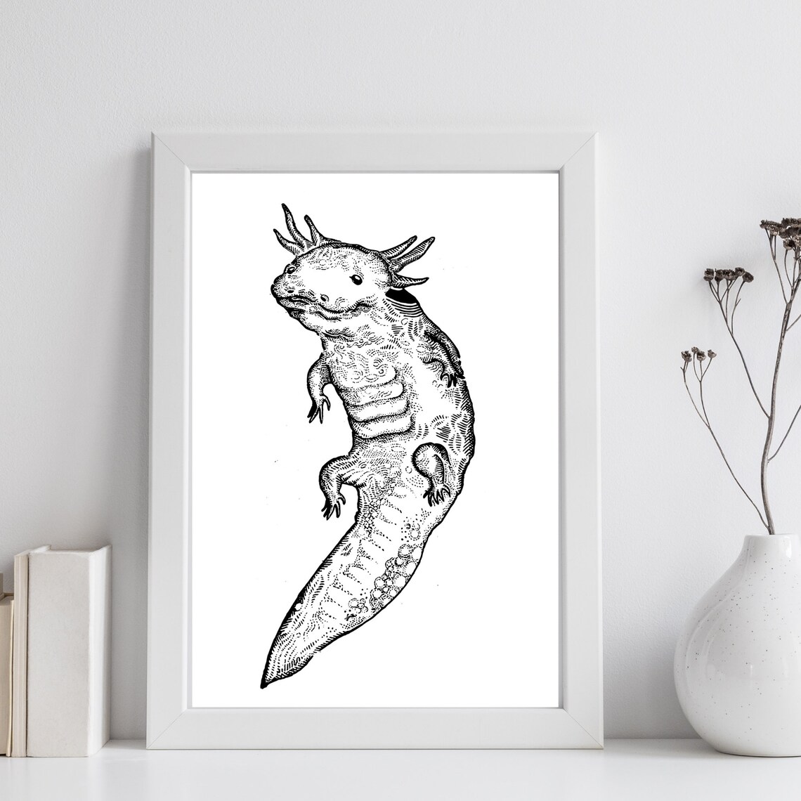 Axolotl Black Ink Drawing Detailed Amphibian Minimalist Art Print