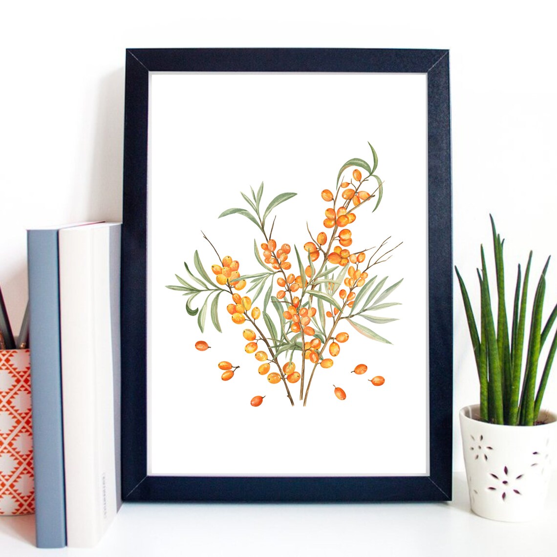 Sea Buckthorn Orange Berries Watercolor Botanical Branch Gift Poster - Image 3