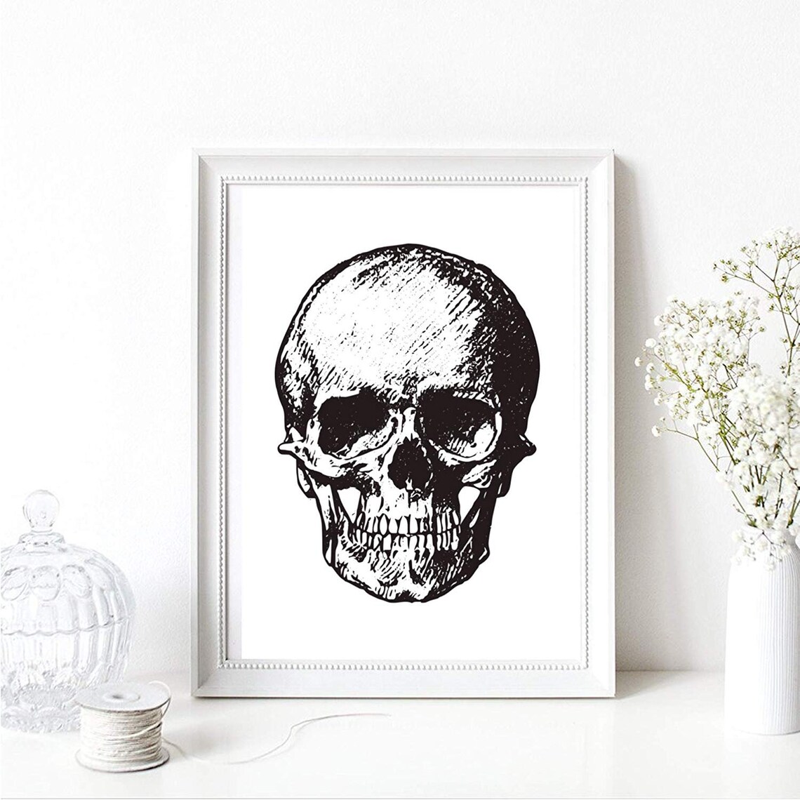 Skull Graphic Print Black White Gothic Halloween Skeleton Wall Art Poster
