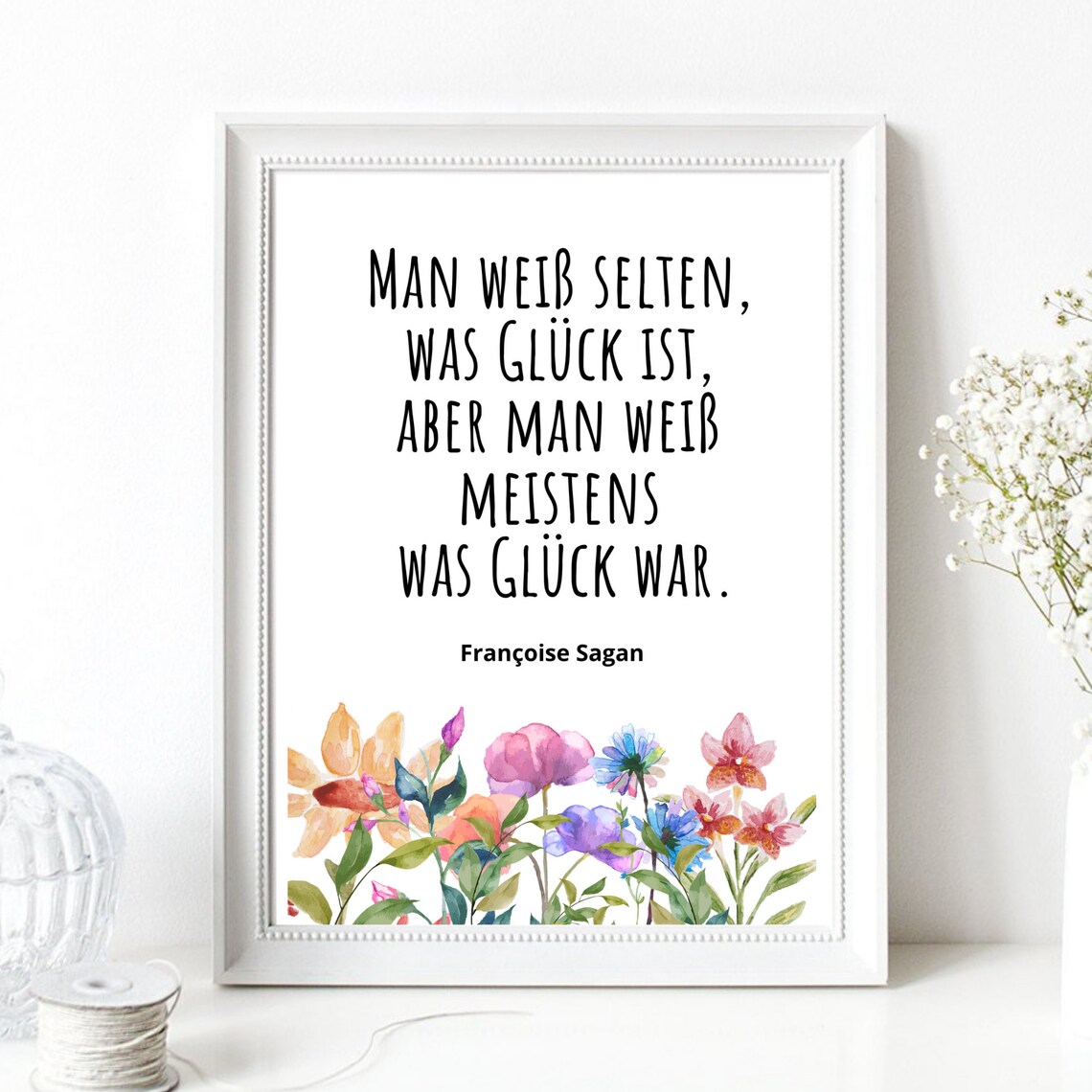 Francoise Sagan Happiness Quote German Floral Watercolor Typography Poster