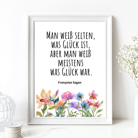 Francoise Sagan Happiness Quote German Floral Watercolor Typography Poster
