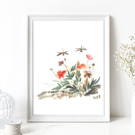 Din A4 Art Print Without Frame Flowers With Dragonflies Dragonfly Flower Meadow Watercolor Ink Painting Picture Print Poster