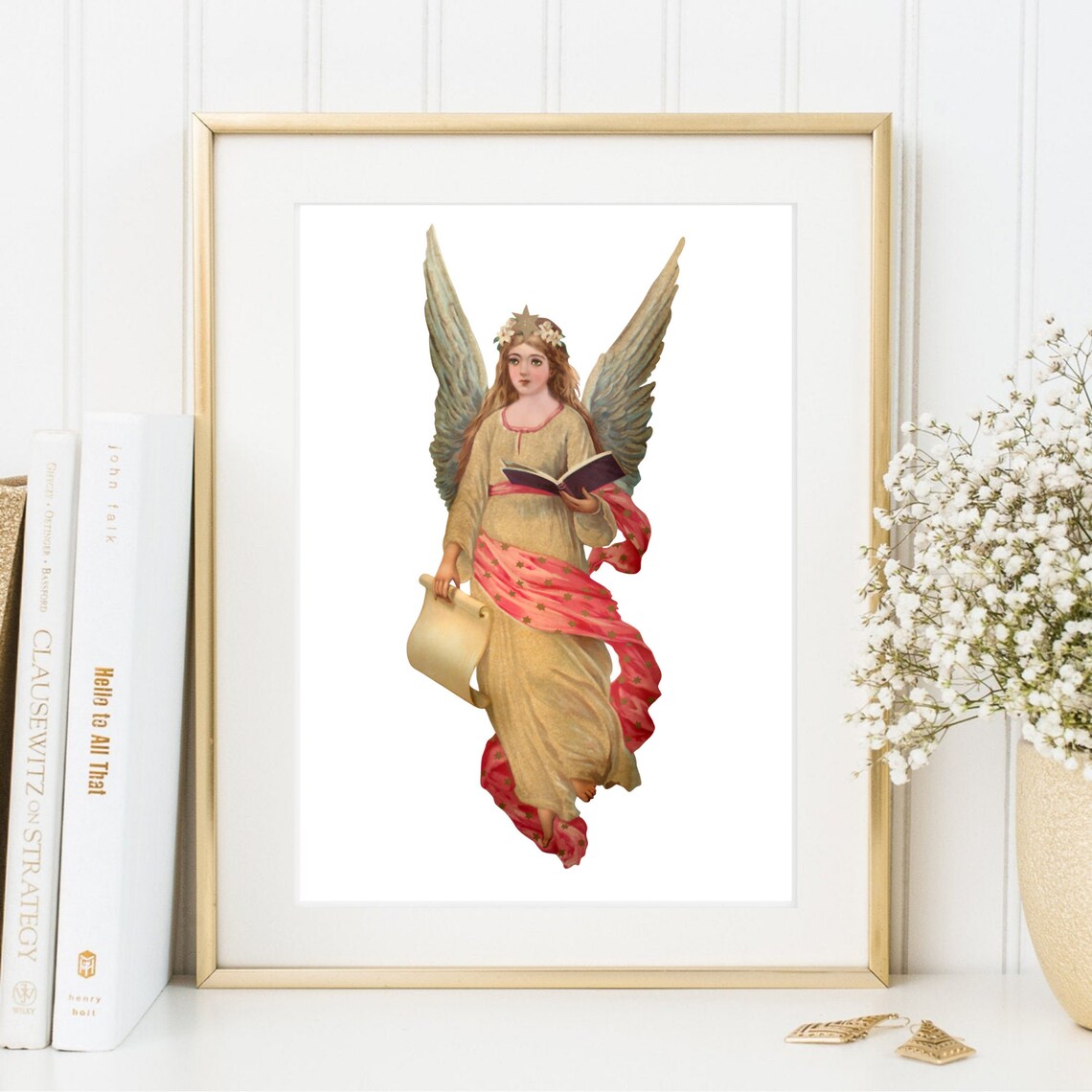 Guardian Angel With Open Book Vintage Retro Christian Art Print