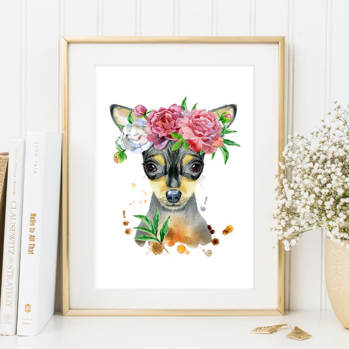 Miniature Pinscher Dog Portrait Flower Crown Watercolor Art Print