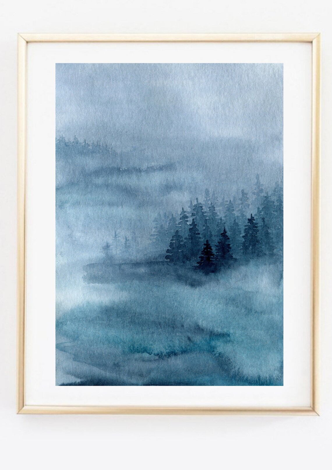 Misty Blue Pine Forest Fog Watercolor Nature Travel Poster Print - Image 2