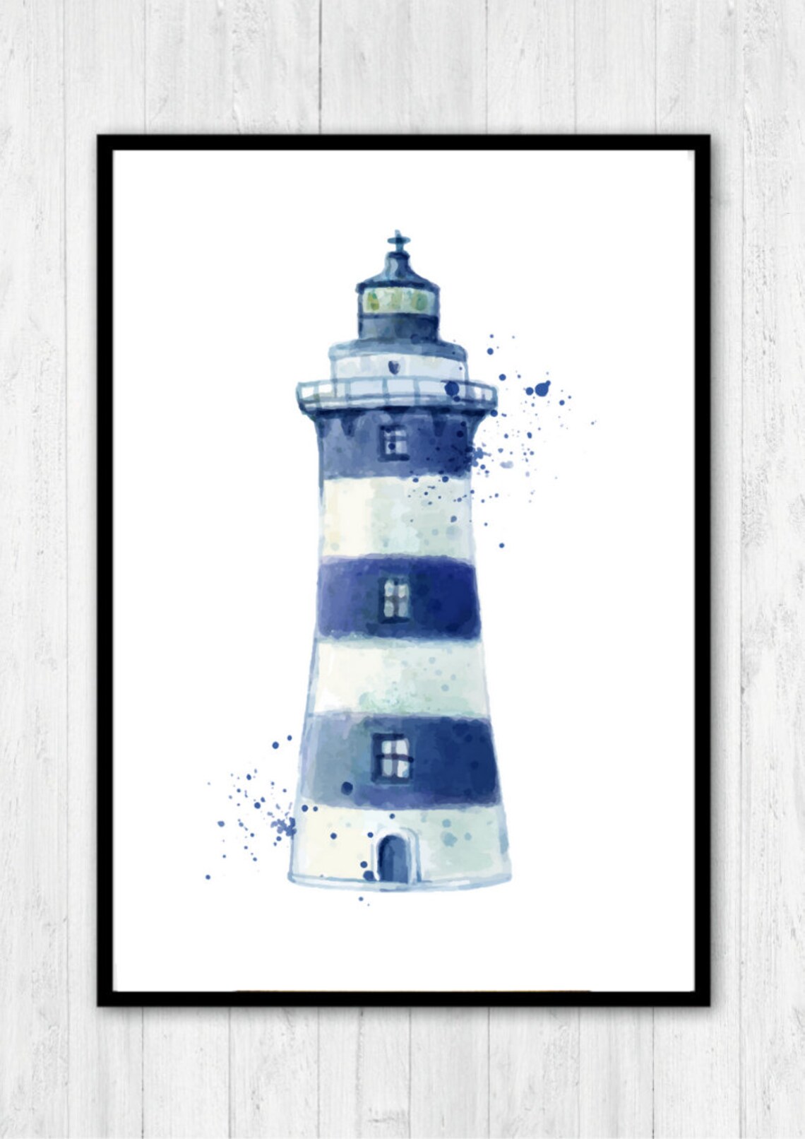 Blue Striped Lighthouse Watercolor Maritime Nautical Coastal Wall Art Print - Image 2