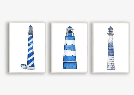 Set Of 3 Blue White Lighthouse Watercolor Nautical Coastal Wall Art Poster