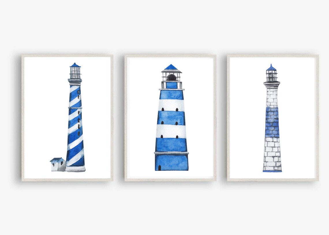 Set Of 3 Blue White Lighthouse Watercolor Nautical Coastal Wall Art Poster