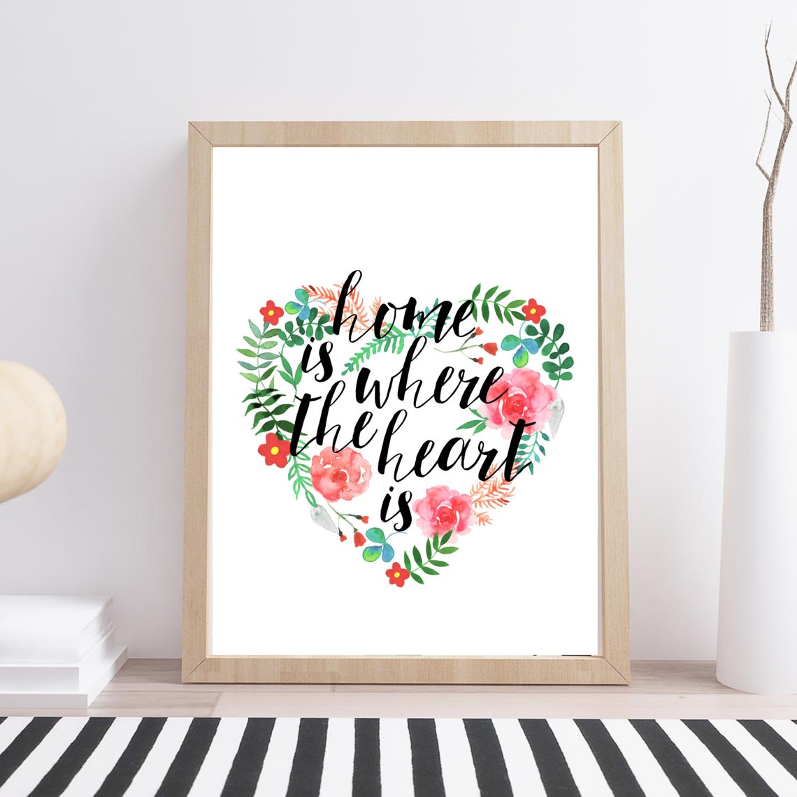 Home Is Where The Heart Is Floral Heart Watercolor Script Wall Print