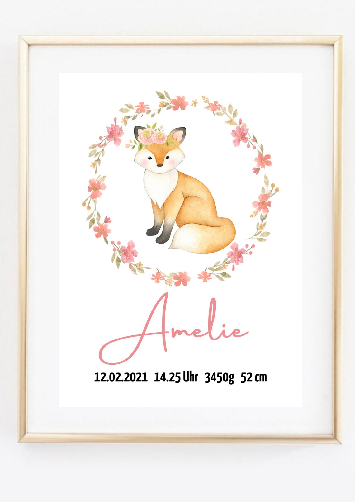 Personalized Baby Birth Poster Fox Flower Wreath Watercolor Nursery Art - Image 2