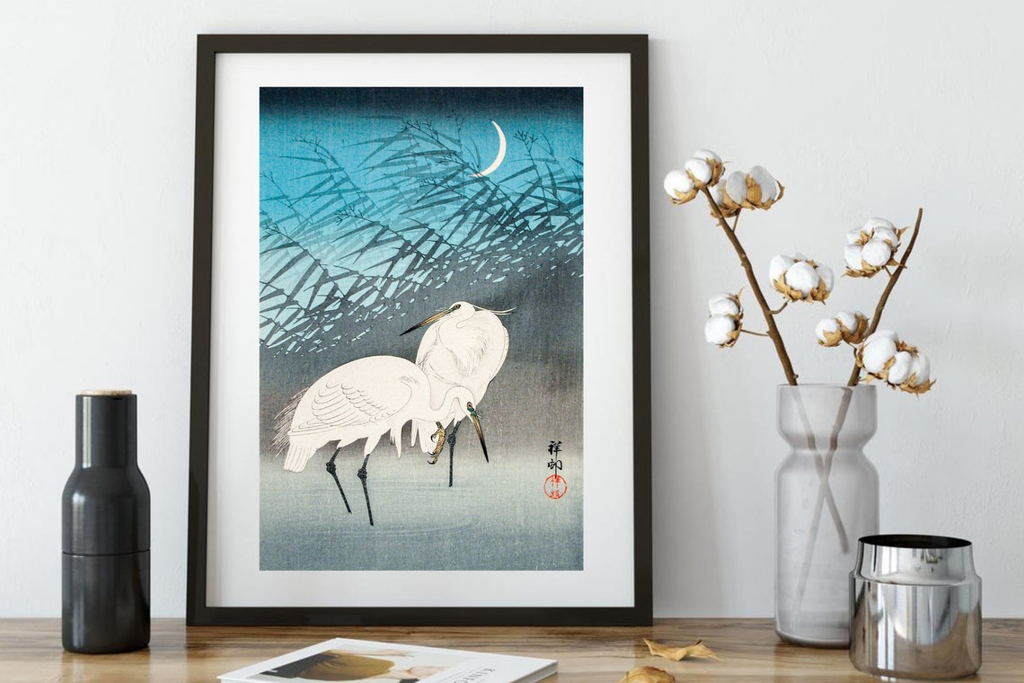 White Egrets Crescent Moon Reeds Japanese Woodblock Bird Art Print - Image 2