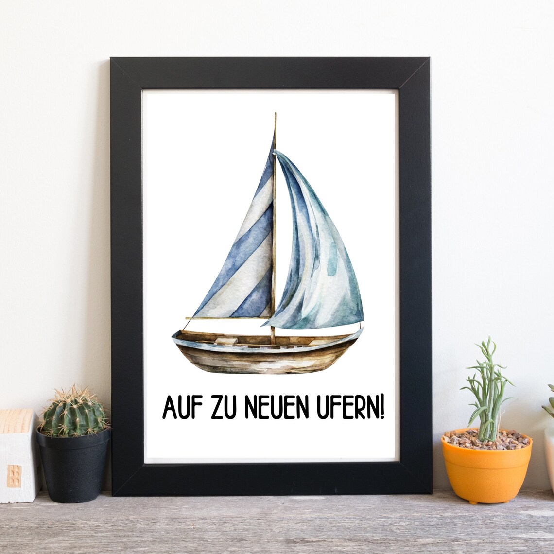 Sailboat Watercolor New Shores German Saying Motivational Sailing Poster - Image 3