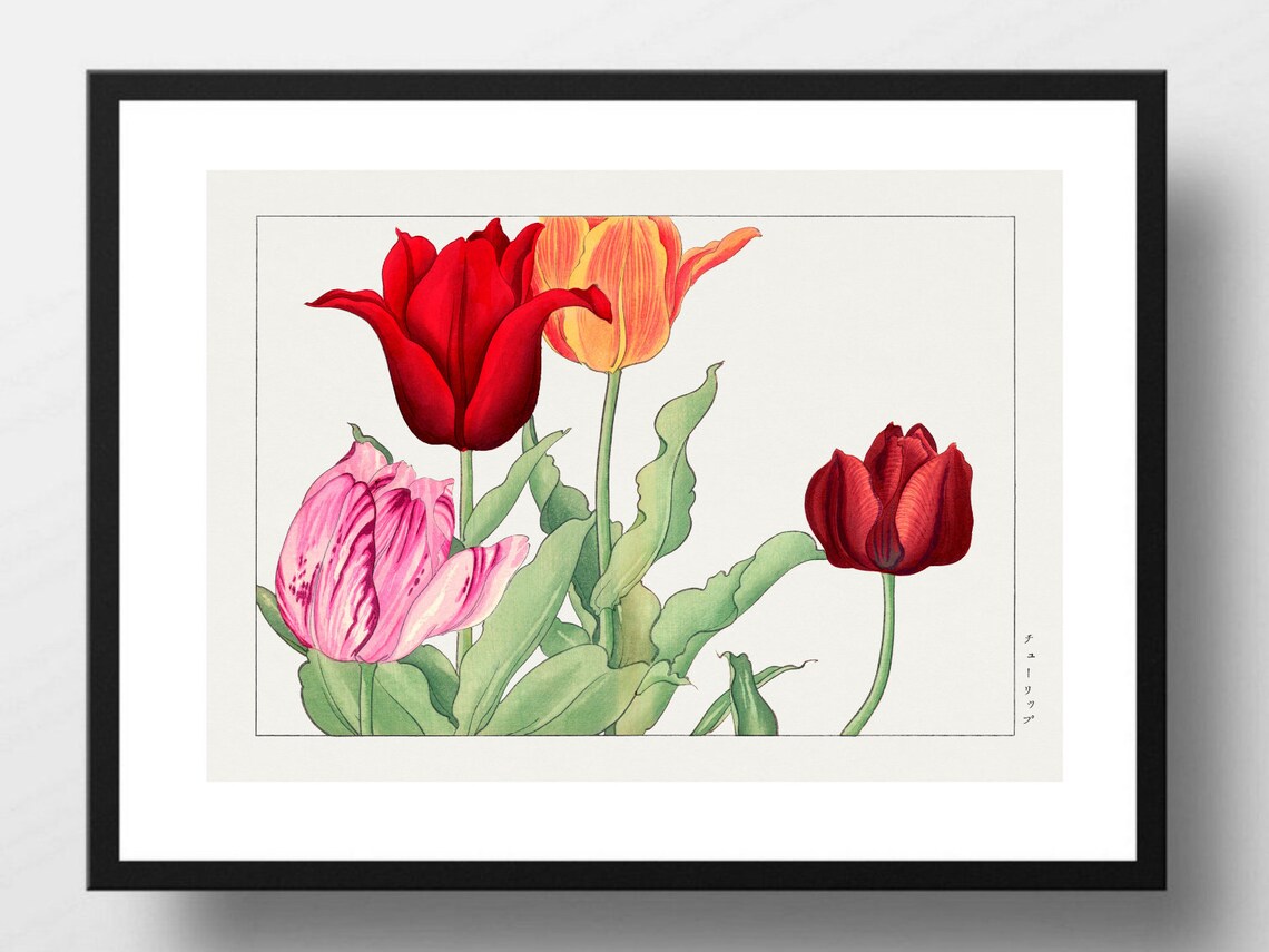 Vibrant Tulips Red Orange Vintage Japanese Botanical Floral Wall Art