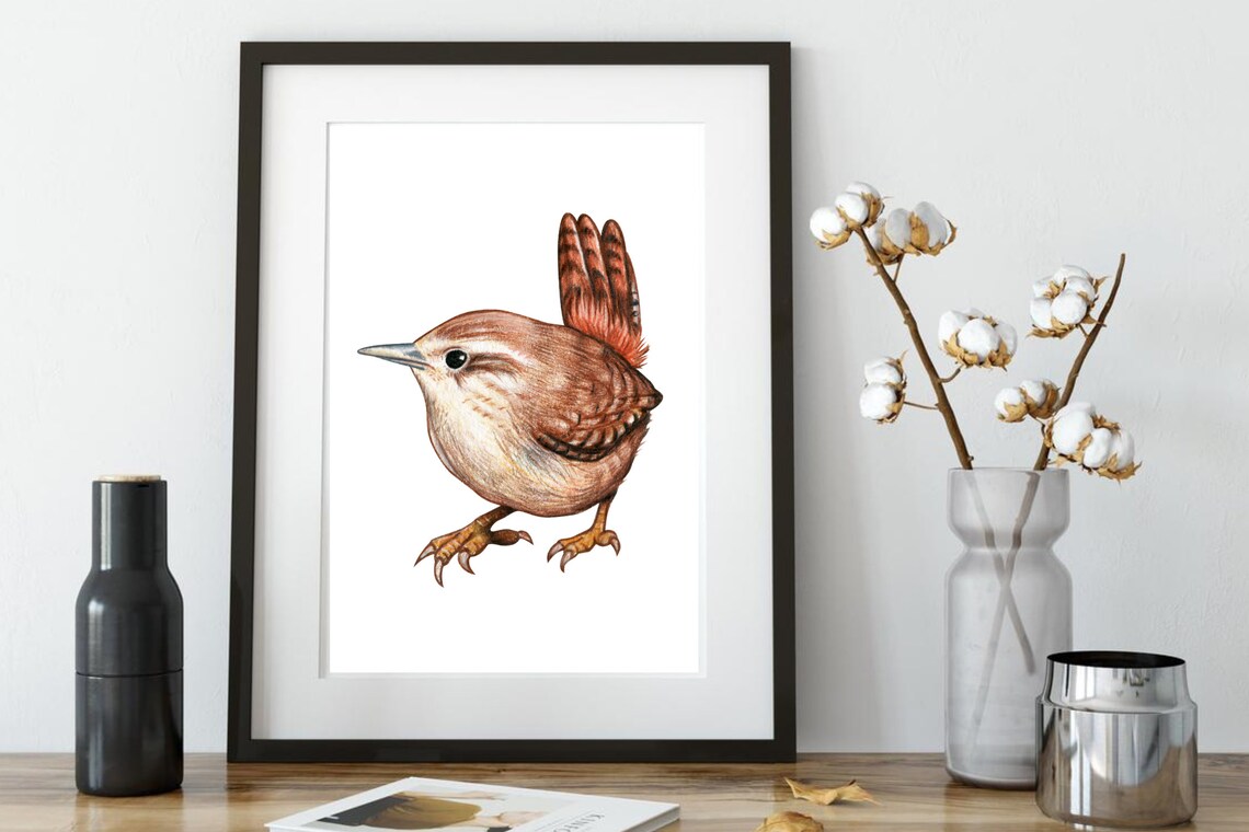 Cute Wren Bird Watercolor Illustration Rustic Wildlife Wall Art - Image 2