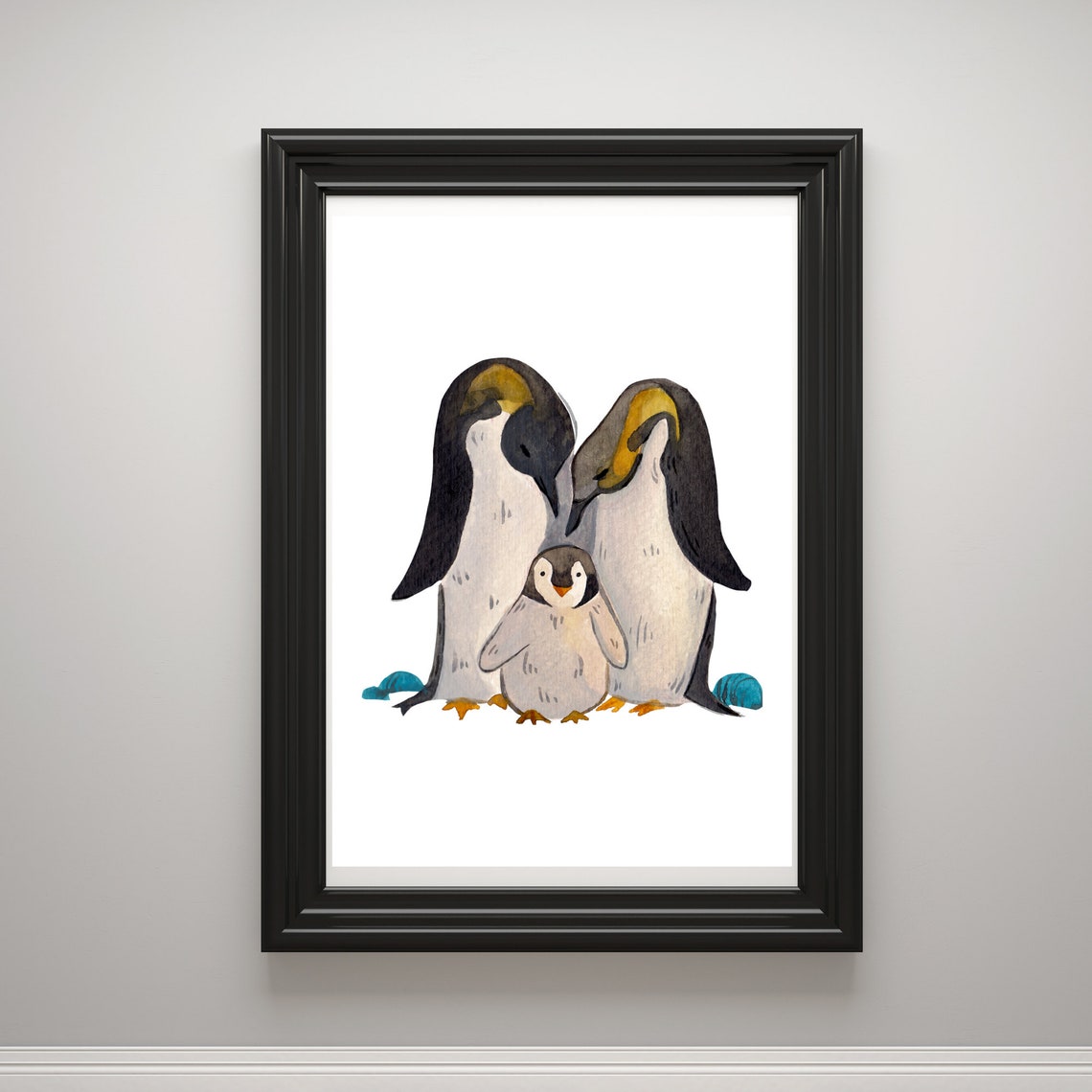 Din A4 Art Print Without Frame Cute Penguin Family Penguin Penguins Nature Watercolor Image Print Poster Image
