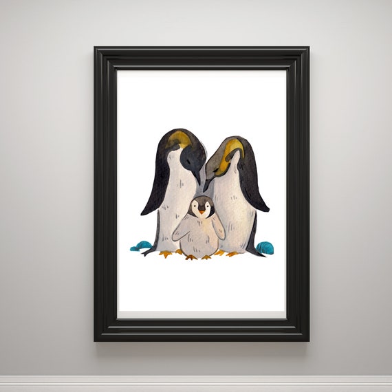 Din A4 Art Print Without Frame Cute Penguin Family Penguin Penguins Nature Watercolor Image Print Poster Image