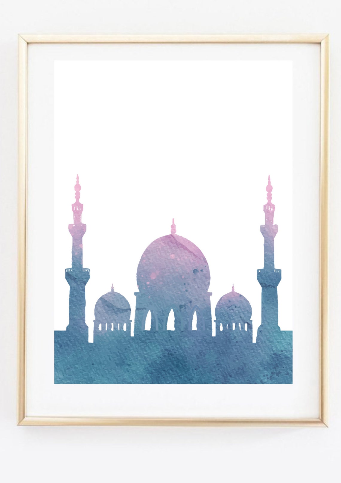 Blue Mosque Dome Minaret Silhouette Watercolor Islamic Wall Art Poster - Image 3