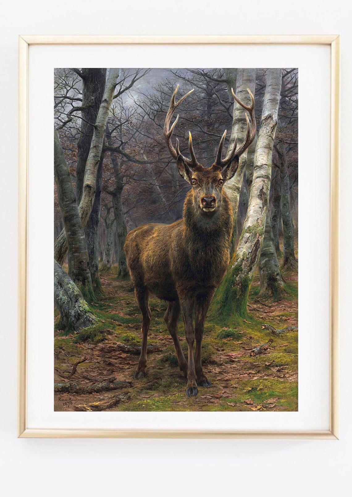 Majestic Red Deer Stag In Birch Forest Vintage Wildlife Oil Painting Poster - Image 2