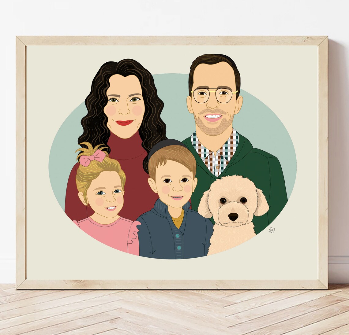 Family With Two Dogs and Cat Custom Cartoon Portrait Art Print - Image 5