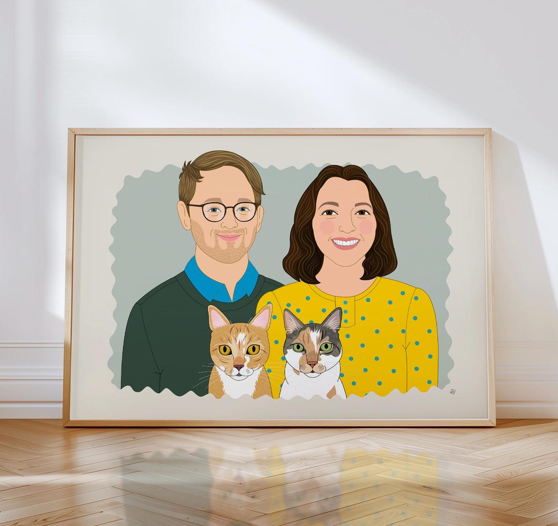 Couple With Four Dogs and Two Parrots Custom Family Portrait Poster - Image 3