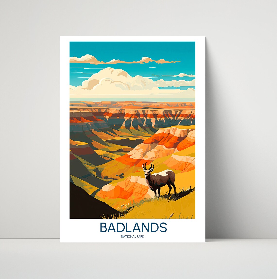 Badlands National Park Bighorn Sheep Layered Canyons Vintage Poster