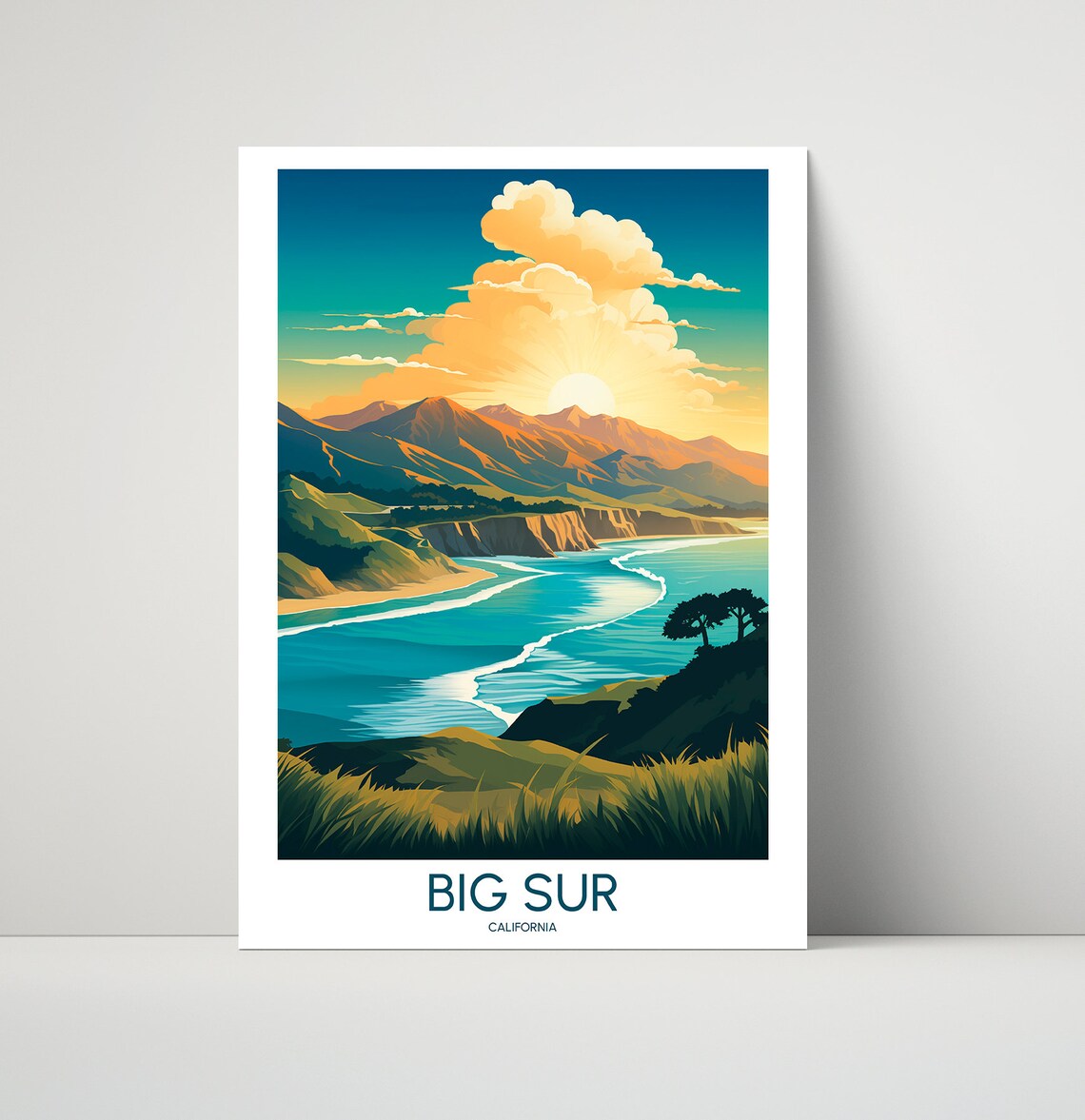 Big Sur California Coastal Cliffs Sunset Travel Illustration Poster