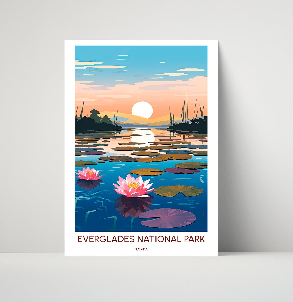 Everglades National Park Florida Water Lilies Sunset Illustration Poster