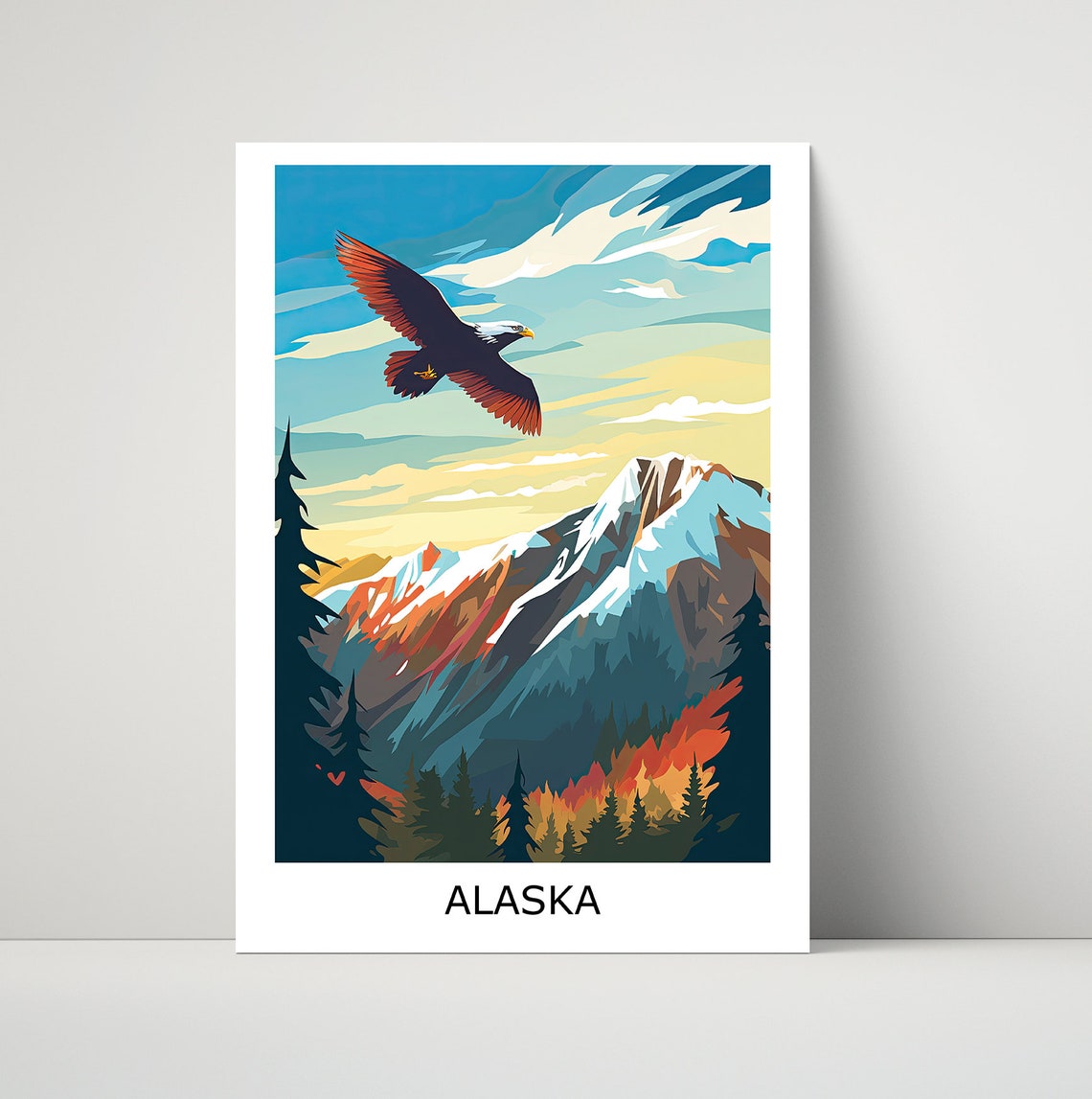 Alaska Bald Eagle Snowy Mountains Flight Illustration Poster