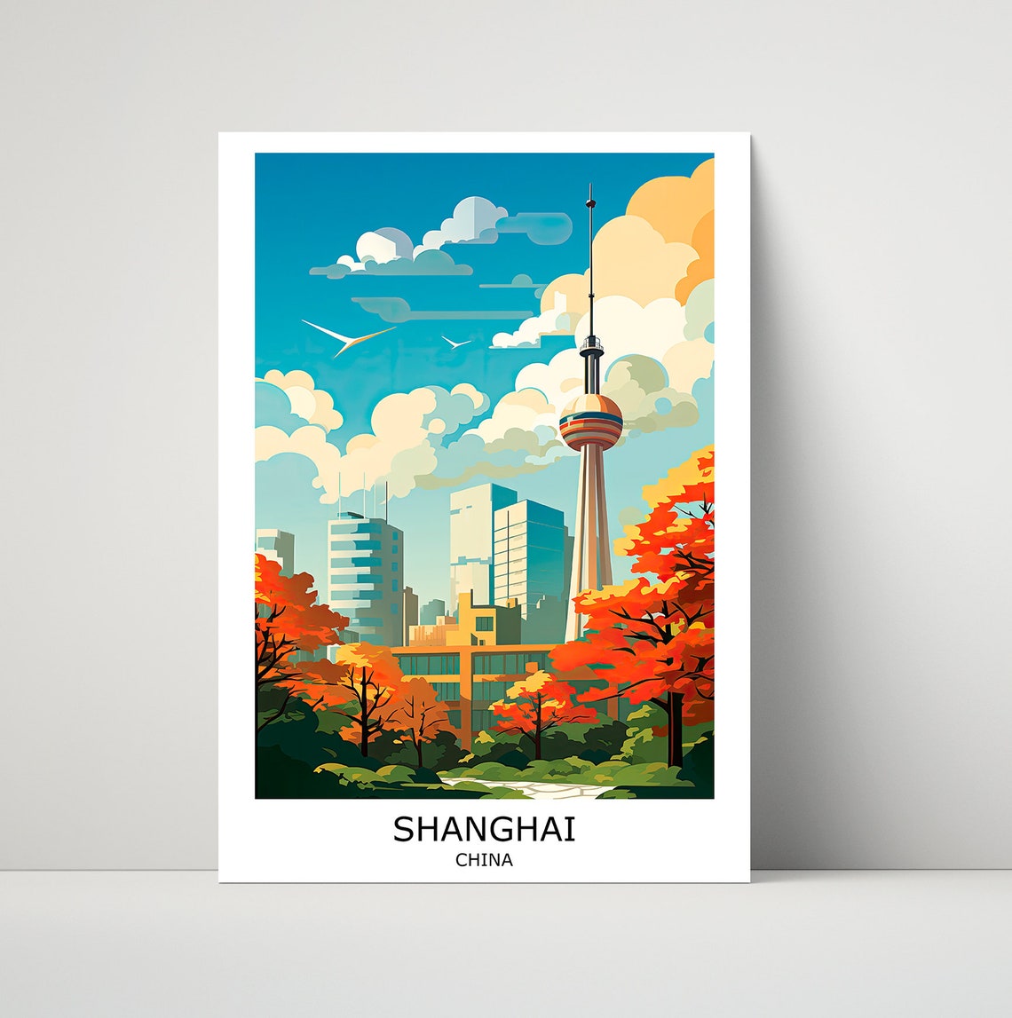 Shanghai China Oriental Pearl Tower Autumn Trees Vintage Travel Poster