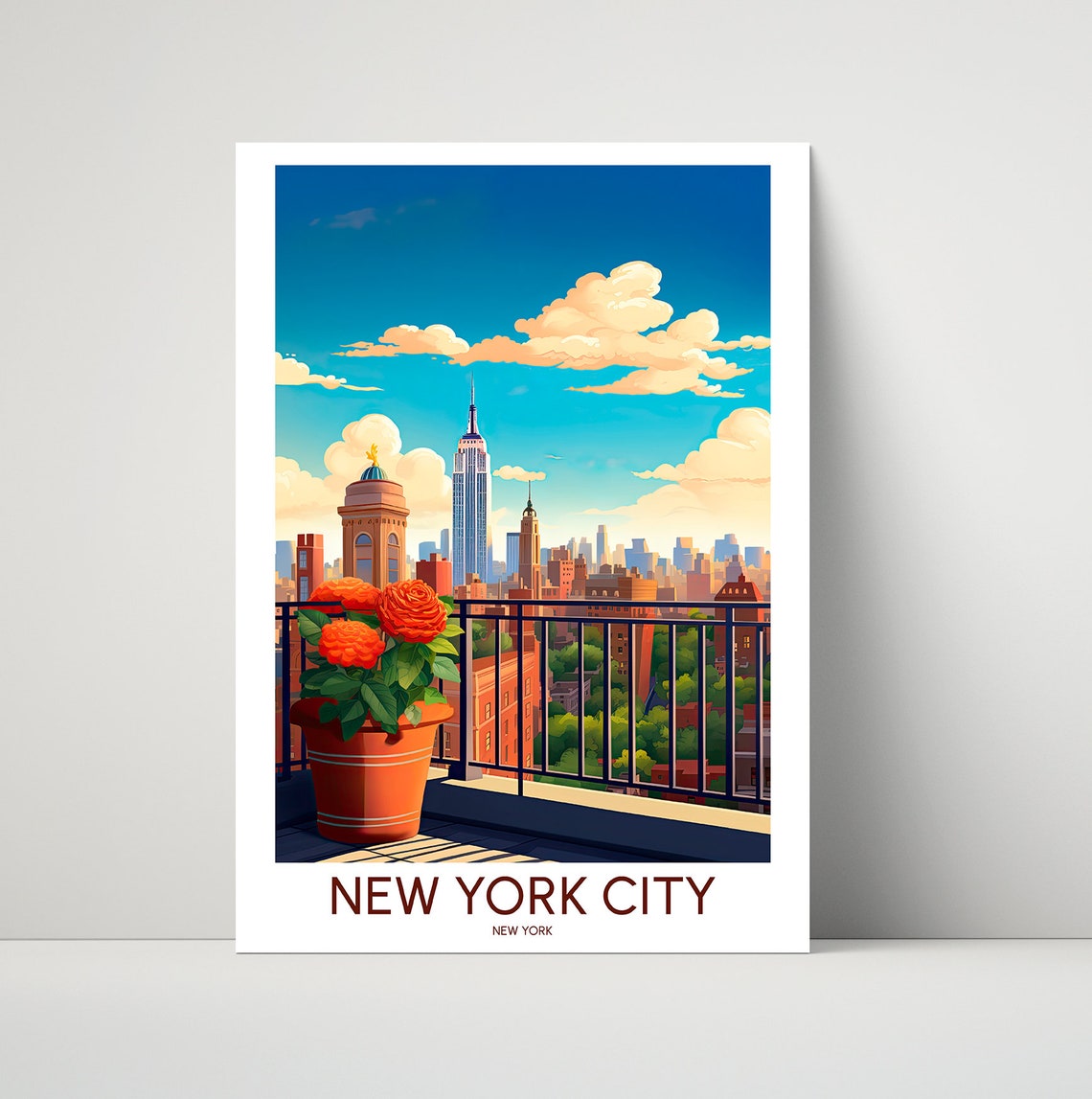 New York City Rooftop Flower Terrace Empire State View Poster