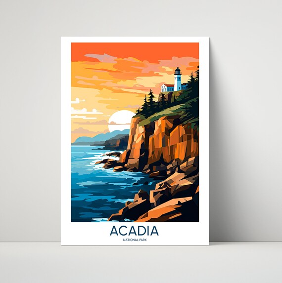 Acadia National Park Coastal Lighthouse Sunset Cliffs Vintage Travel Poster