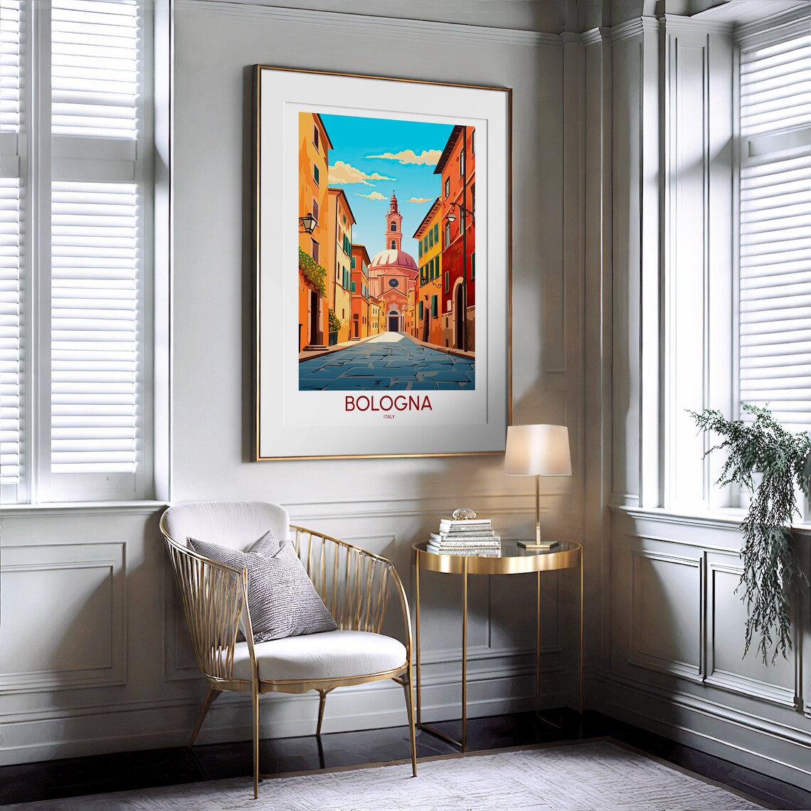 Bologna Italy Cobblestone Street Historic Church Vintage Travel Poster - Image 2