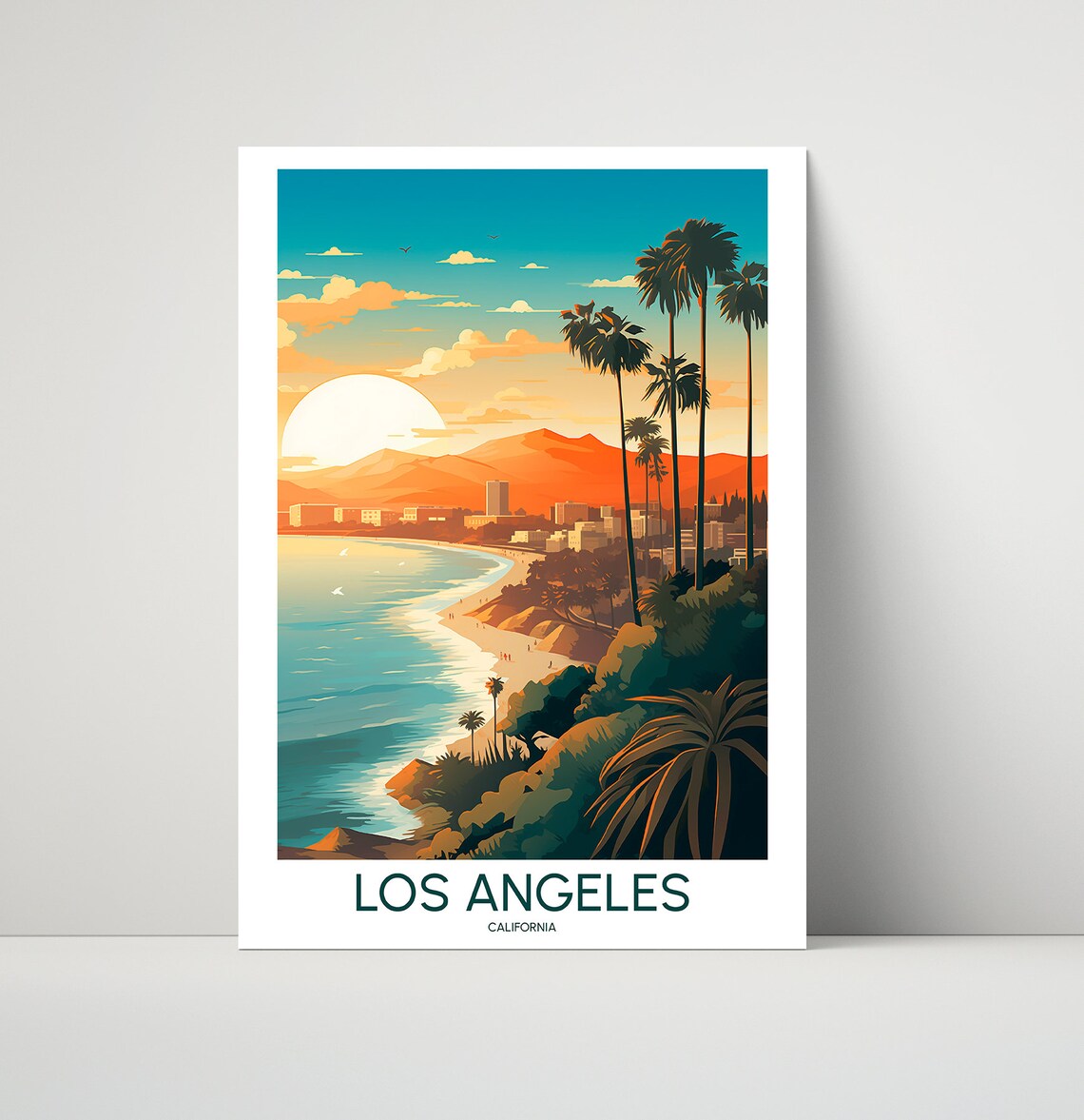 Los Angeles California Beach Palm Sunset Travel Illustration Poster