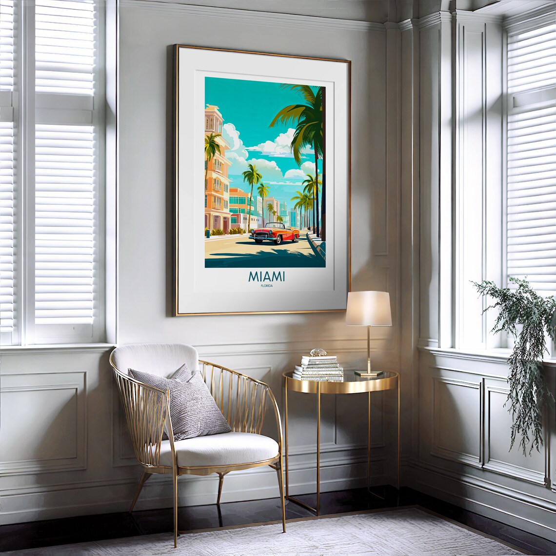 Miami Florida Palm Lined Street Classic Car Illustrated Travel Poster - Image 2