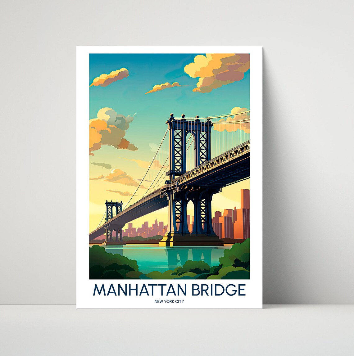 Manhattan Bridge New York City Golden Hour Skyline Travel Poster
