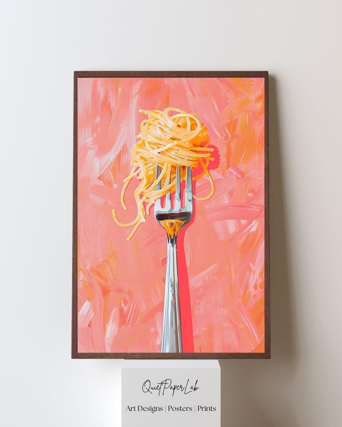 Spaghetti Twirled On Fork Pink Painterly Background Modern Pop Food Art Poster