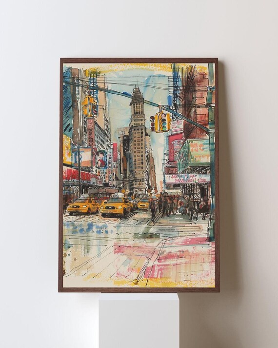 Times Square New York Watercolor Sketch with Yellow Taxis Poster