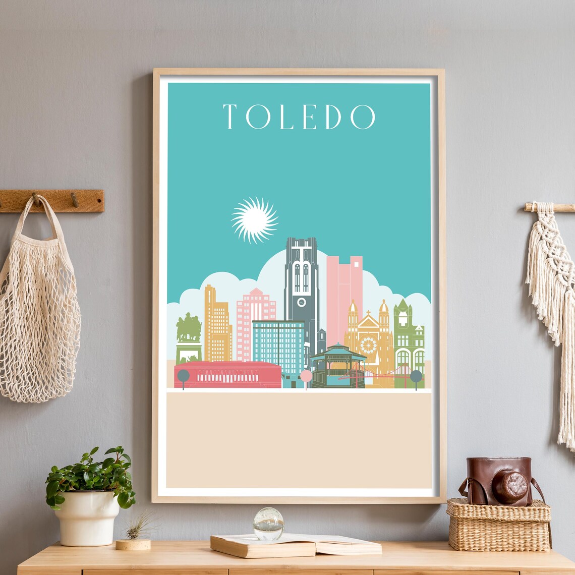 Toledo Ohio Turquoise Skyline Illustrated City Landmarks Poster